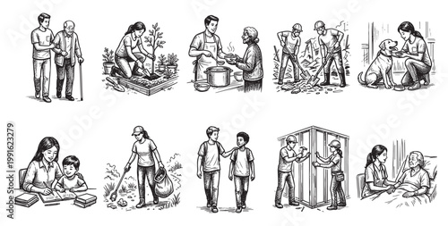 Diverse scenes depict acts of kindness and community support, including helping the elderly, gardening, disaster relief, and patient care.