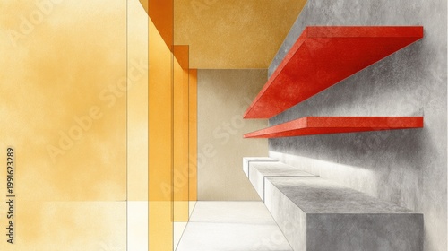 Modern Architectural Design with Red Shelving and Yellow Walls.