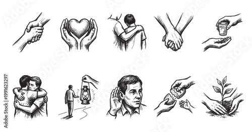 A collection of hand-drawn sketches showing acts of kindness, support, and connection, suitable for illustrating concepts of compassion, community, and growth.