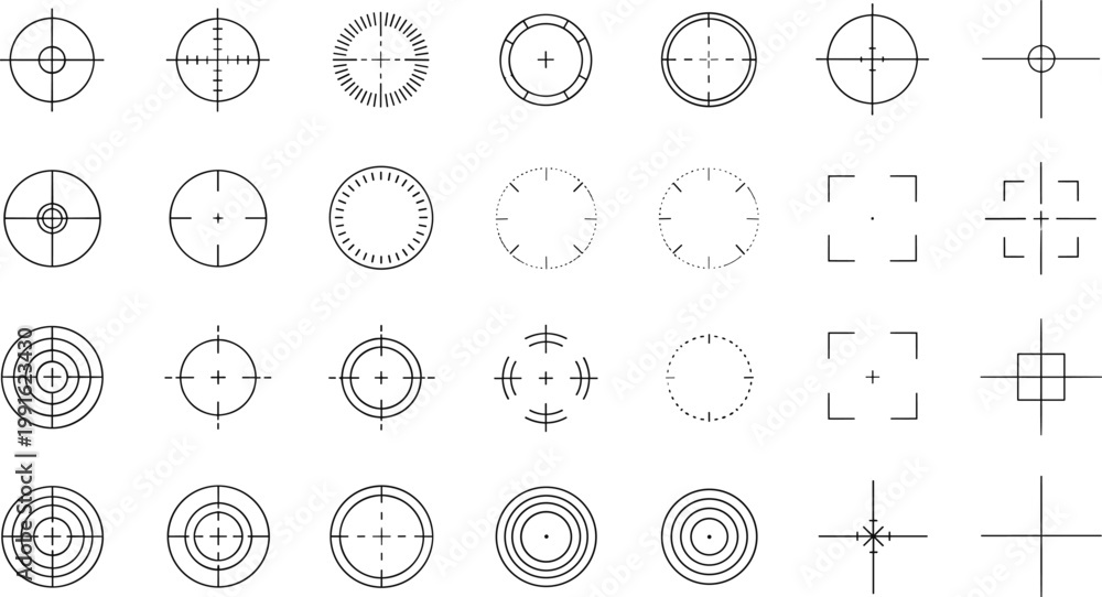 Fototapeta premium Crosshair Target Reticle Icon Set with Aim Focus Circle Grid Scope Marks for Shooting Games Precision Design Interface and Measurement Tools.