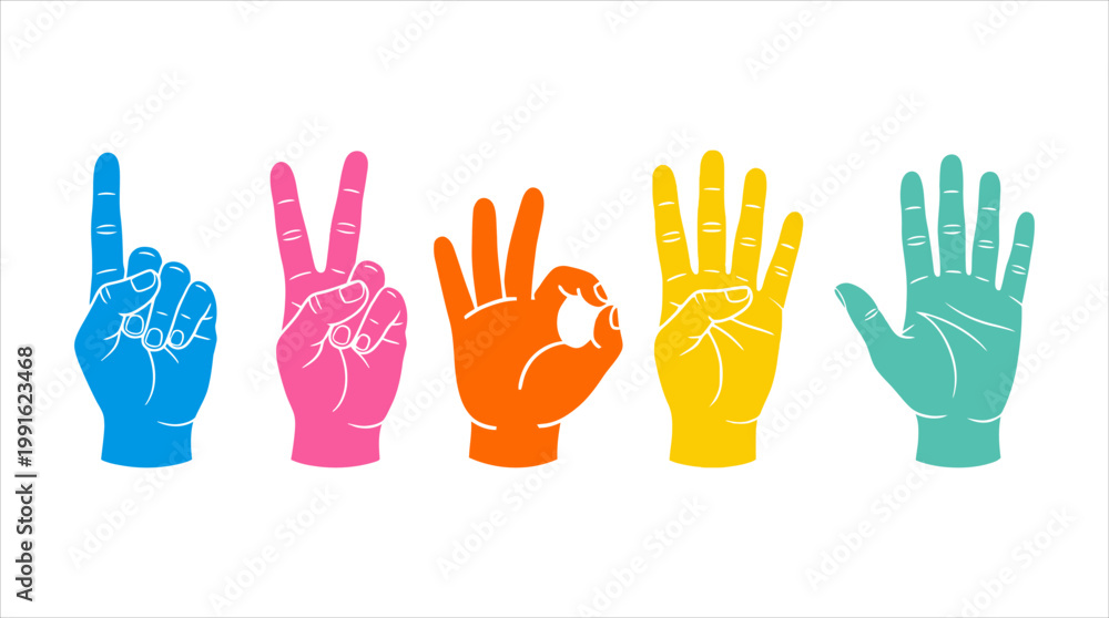 Fototapeta premium Colorful hand gestures showing numbers and the word love