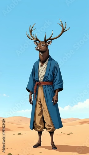 Anthropomorphic Deer Man Wearing Blue Japanese Kimono in Desert