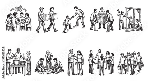 A collection of diverse individuals working together on various community projects, illustrating teamwork, cooperation, and shared effort in a graphic illustration style.