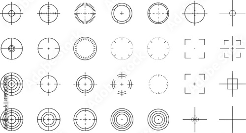 Bild auf Leinwand Crosshair Target Reticle Icon Set with Aim Focus Circle Grid Scope Marks for Shooting Games Precision Design Interface and Measurement Tools