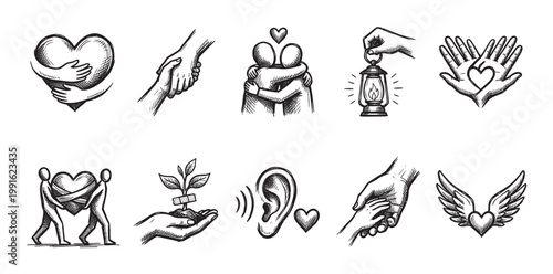 A hand-drawn sketch collection of icons depicting kindness, love, support, empathy, and hope, rendered in a simple, black and white linocut style.