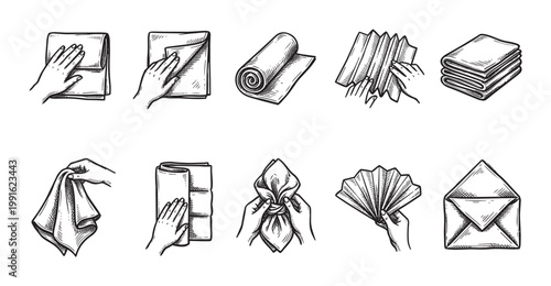 A collection of hand-drawn illustrations depicting various methods of folding cloths and paper, including rolling, fanning, and stacking.