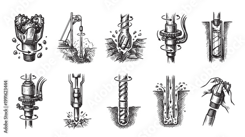 A collection of line art illustrations depicting various drilling techniques and equipment, showcasing the process of excavation and engineering in an industrial setting.