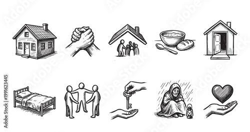A collection of hand-drawn illustrations depicting concepts of shelter, community, kindness, and support, suitable for charity or social service themes.