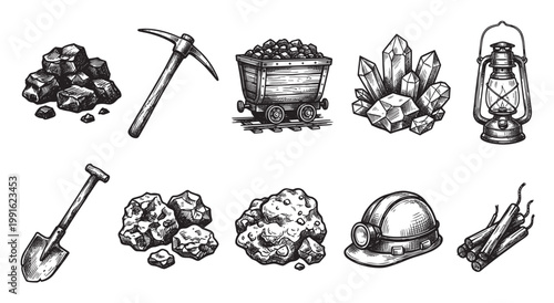 A collection of hand-drawn sketches depicts essential mining elements, including coal, pickaxe, mine cart, crystals, lantern, shovel, helmet, and dynamite.