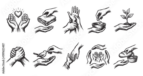 A collection of black and white hand illustrations depicting various acts of charity, support, and compassion, perfect for themes of giving and community.