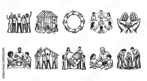 A collection of illustrations depicting teamwork, aid, and community building activities by diverse groups of people, in a black and white sketch style.