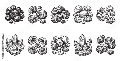 A collection of hand-drawn sketches featuring various rocks, crystals, and minerals in a black and white line art style.