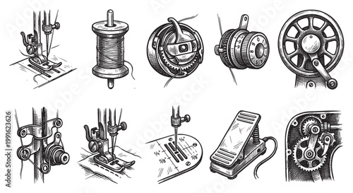 A detailed ink sketch collection of vintage sewing machine components including needles, bobbins, foot pedal, and gears, evoking a retro, crafty aesthetic perfect for design projects.