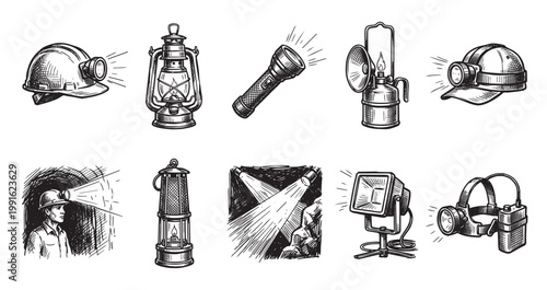 A diverse collection of vintage and modern lighting tools used by miners, including helmets with lamps, lanterns, flashlights, and spotlights, depicted in a hand-drawn sketch style.