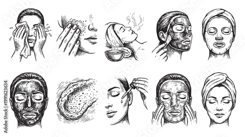 Detailed line art illustrations depict various skincare steps including cleansing, applying masks, and facial steaming for a comprehensive beauty routine.