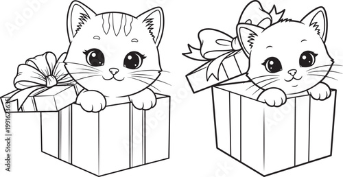 Two adorable cartoon kittens peeking out of gift boxes bows line art white background cute animal baby animal domestic animal flat design sticker art line drawing hand drawn adorable