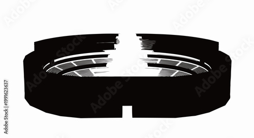 Bullring arena silhouette displays a circular architectural structure isolated against a stark white background for a minimalist graphic design.