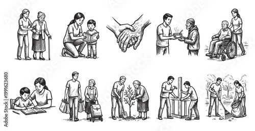 Hand drawn illustrations depicting acts of kindness and community support, showing people helping elderly, children, and those in need with a warm, helpful mood.