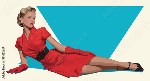 Vintage Pin-Up Woman in Red Dress Reclining Pop Art Vector Illustration