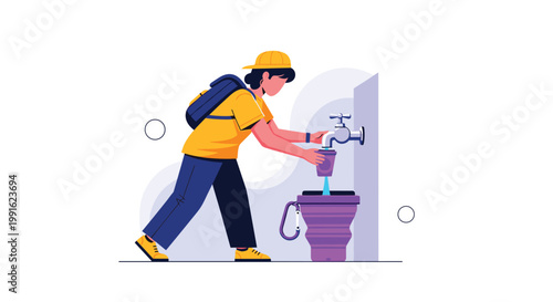 A prepared hiker wearing a yellow cap and backpack fills a purple collapsible water bottle from a silver metal tap against a minimalist background.