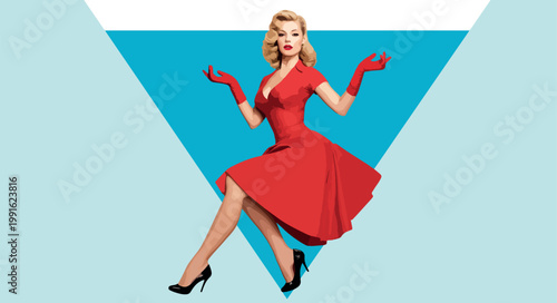 Vintage Pin-Up Woman in Red Dress Reclining Pop Art Vector Illustration