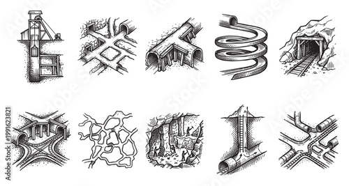 A collection of hand-drawn cross-sections and scenes depicting various mining tunnels, shafts, and subterranean transportation systems, executed in a classic black and white sketch style.