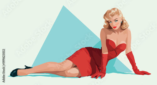 Vintage Pin-Up Woman in Red Dress Reclining Pop Art Vector Illustration