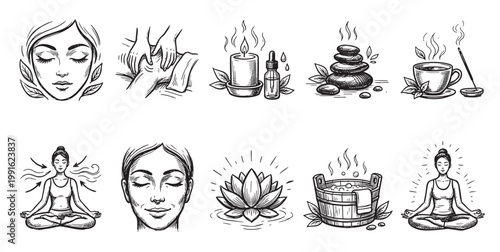 A collection of hand-drawn line art illustrations depicting various spa and wellness elements including faces, massage, candle, essential oil, stones, tea, yoga, lotus, and bath.