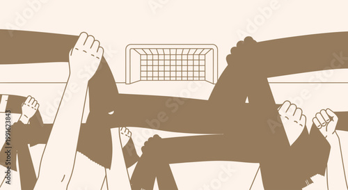 Soccer player is being lifted in celebration by teammates on the field in front of the goal net.