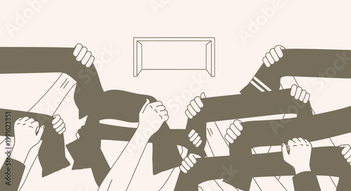 Hands reaching towards a goal frame represent the competitive nature of teamwork and the pursuit of shared professional objectives in a modern business environment.