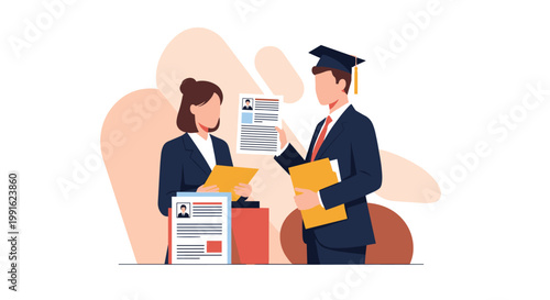 A professional woman in a dark suit and a young male graduate review printed resumes together against a warm and abstract peach-colored background.