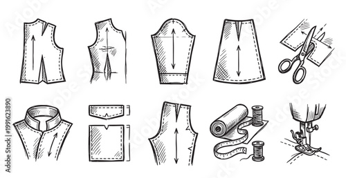 Hand-drawn sketches of sewing patterns for garments, scissors, fabric, thread, measuring tape, and a sewing machine, representing the craft of dressmaking and tailoring.