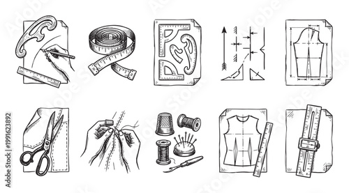 Collection of hand-drawn illustrations depicting fashion design and sewing tools, including rulers, scissors, measuring tape, threads, thimbles, and patterns.