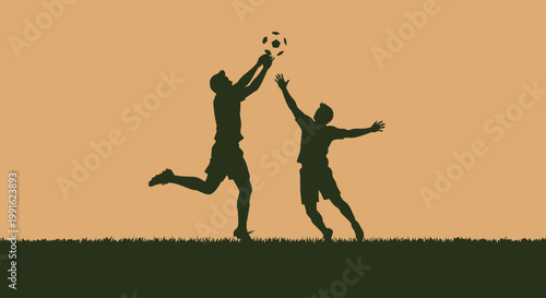 Soccer players compete for a high ball in a dynamic silhouette graphic that captures the excitement of a competitive match on a minimalist background.