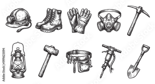 A vintage-style sketch displays essential mining equipment including a helmet, boots, gloves, respirator, pickaxe, lantern, hammer, tool belt, drill, and shovel.