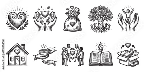 This is a collection of hand-drawn icons in black and white depicting concepts of charity, kindness, and community support, suitable for various design projects.