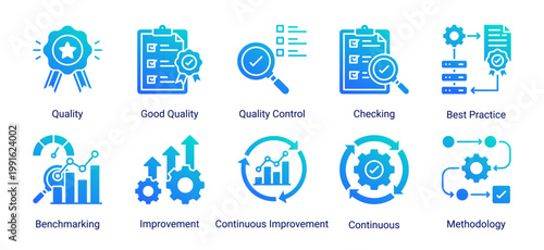 Icon set focused on quality assurance,standardization,and continuous improvement processes.Suitable for business,manufacturing,and operational excellence projects.