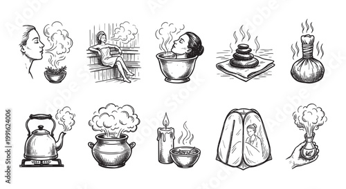 This collection of hand-drawn illustrations depicts various wellness and spa treatments, including steam inhalation, sauna, hot stones, herbal remedies, and relaxation techniques.