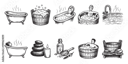 This vintage-style illustration features a collection of spa and bath elements, including tubs, wooden buckets, a woman in a bath, a man in a hot tub, hot stones, a candle, and essential oils.