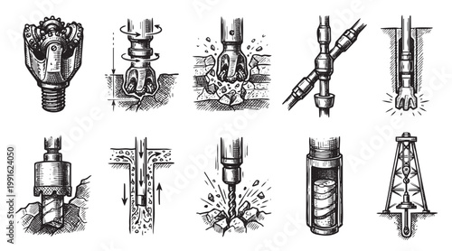 A collection of vintage-style black and white illustrations depicting various drilling techniques, equipment, and concepts for industry and education.