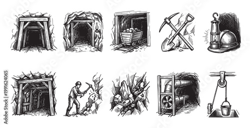 This vintage black and white illustration set depicts various aspects of historical mining operations including mine entrances, tools, and equipment.