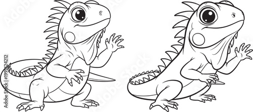 Two cute cartoon iguanas with spiky backs waving hello line drawing line art animal drawing white background animal face baby animal sticker art hand drawn illustration friendly wildlife