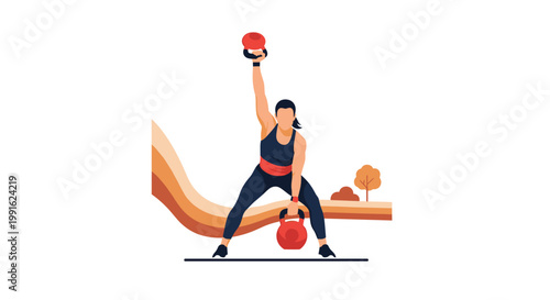 A female athlete performs a kettlebell swing exercise against a backdrop of stylized retro waves and minimalist autumn trees in a vibrant setting.