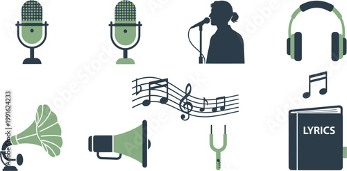 Green megaphone icon broadcasting musical notes for a jazz festival event