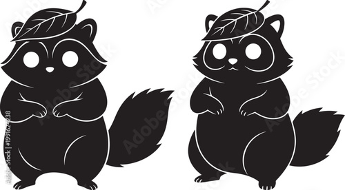 Two stylized cartoon raccoons wearing leaves as hats black and white illustration forest animal urban wildlife masked bandit white background sticker art animal face illustration stylized