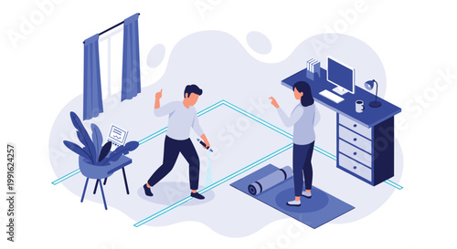 Two colleagues collaborate on an office layout design using blue floor tape and isometric furniture in a modern workspace with meticulous planning.