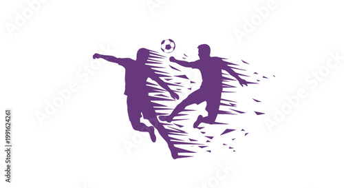 Soccer players are depicted in a dynamic purple silhouette style as they compete for an aerial ball during a professional match.