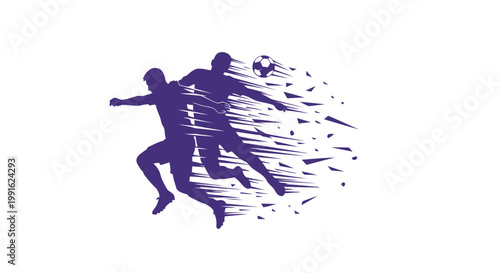Soccer players are depicted in a dynamic purple silhouette style with motion lines trailing behind them as they compete for the ball on a clean white background.
