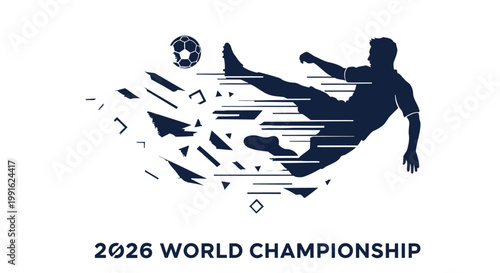 Soccer player silhouette performs a dynamic bicycle kick as a graphic emblem for the upcoming 2026 world championship tournament event.