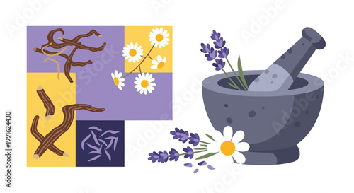 Traditional herbal medicine ingredients like lavender, chamomile, and licorice roots are arranged next to a dark stone mortar and pestle on a table.